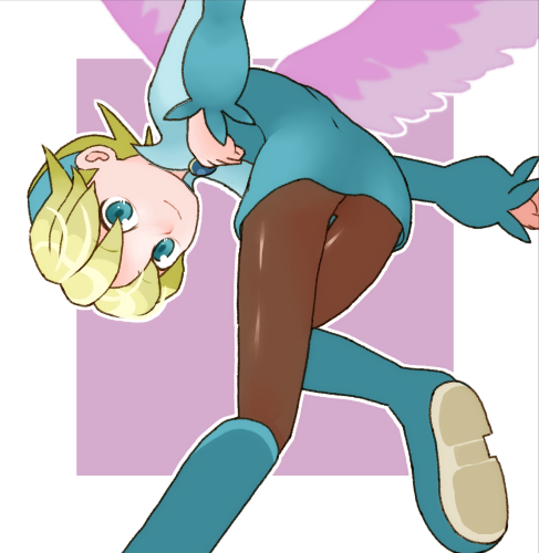 1girl blonde_hair blue_boots blue_dress blue_eyes blue_hairband boots breath_of_fire breath_of_fire_iv brown_pantyhose closed_mouth dress feathered_wings hairband knee_boots long_sleeves looking_at_viewer lowres nina_(breath_of_fire_iv) pantyhose pink_wings short_dress short_hair sicky_(pit-bull) smile solo wings