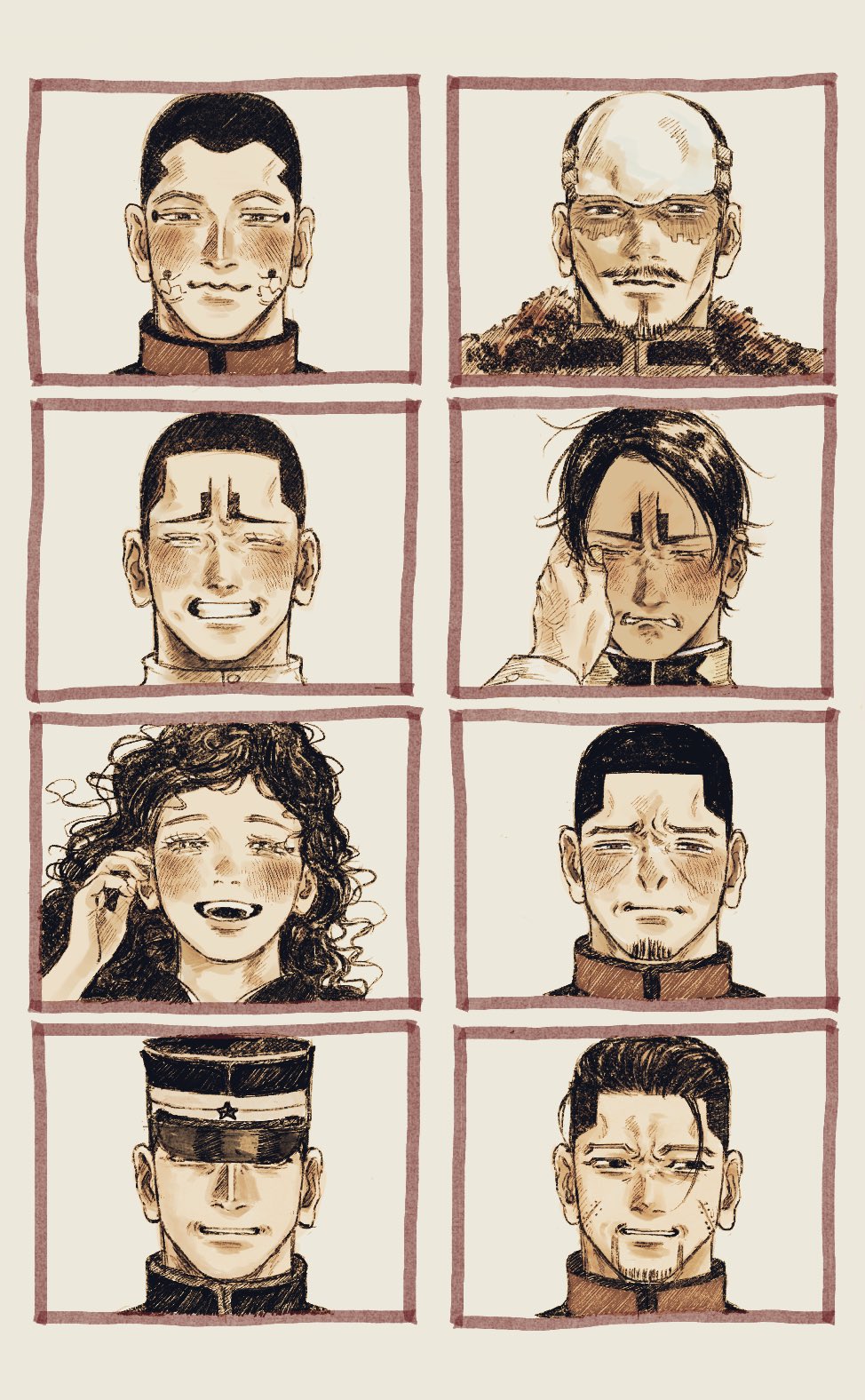 1girl 6+boys black_hair blush brown_theme buzz_cut chika_maru dark_skin dark-skinned_male facial_hair facial_mark facial_scar facing_viewer forehead_protector goatee golden_kamuy hair_slicked_back hanazawa_yusaku hat highres igogusa kepi koito_otonoshin long_hair looking_at_viewer military_hat monochrome multiple_boys mustache ogata_hyakunosuke scar scar_on_cheek scar_on_face short_hair stubble tearing_up thick_eyebrows tsukishima_hajime tsurumi_tokushirou usami_tokishige very_short_hair