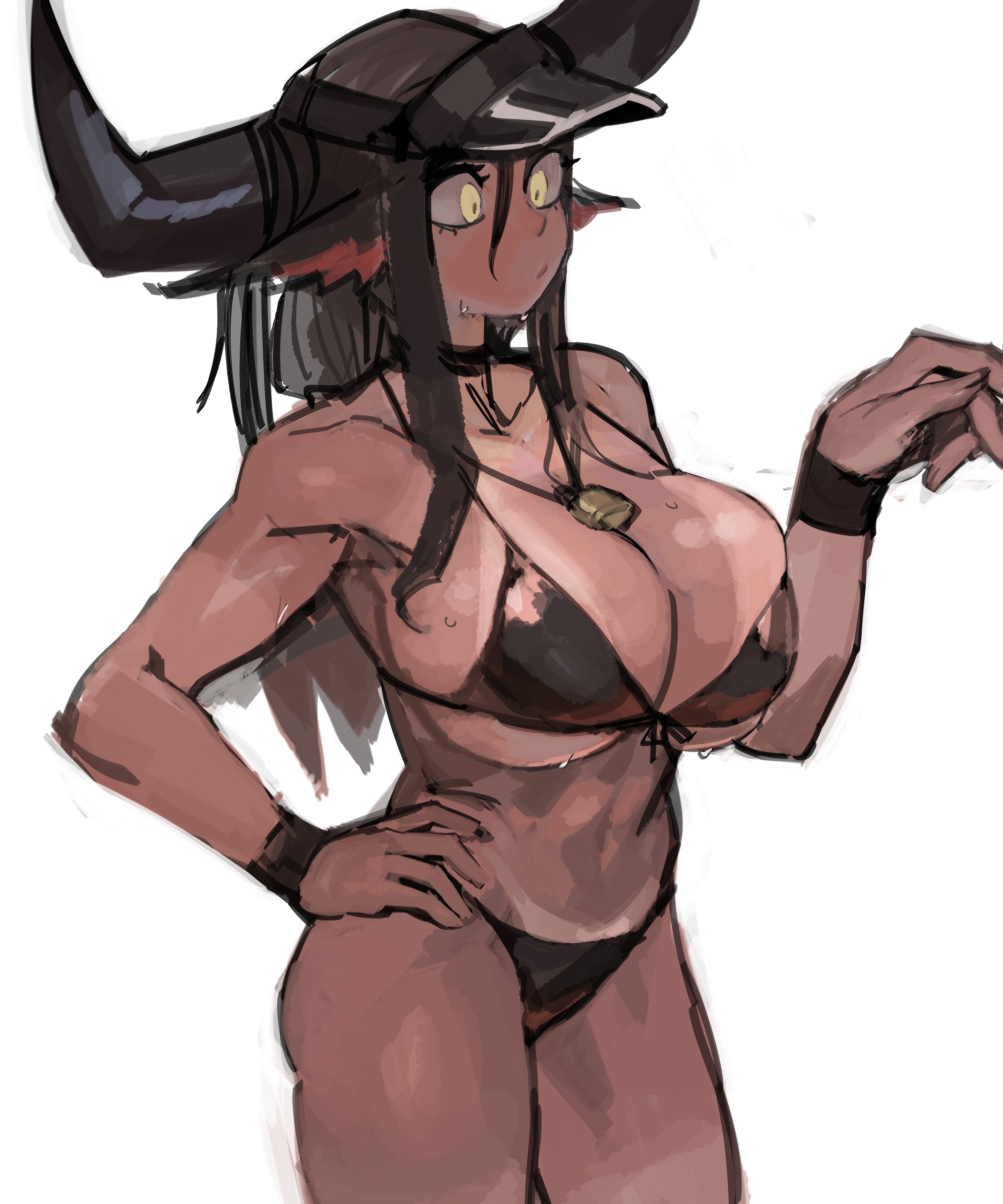 1girl 33dot absurdres bell bikini_tan breasts brown_hair cleavage cow_girl cowbell cowboy_shot hand_on_own_hip hand_up highres jewelry large_breasts large_horns long_hair navel neck_bell necklace original ox-chan_(33dot) ox_ears ox_girl ox_horns solo sweat tan tanline visor_cap wristband yellow_eyes