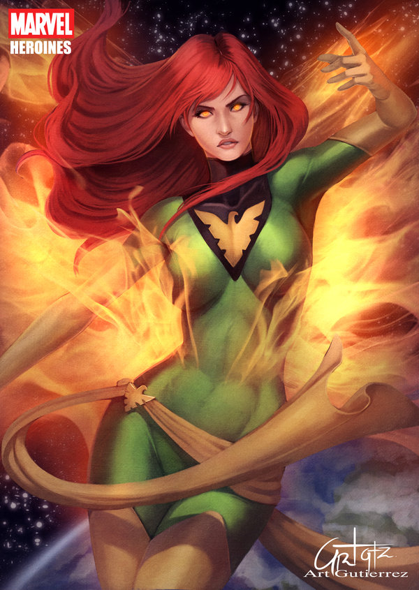10s 1girl arturo_z._gutierrez aura bodysuit dark_persona dark_phoenix earth_(planet) emblem female_focus fire gloves glowing glowing_eyes jean_grey looking_at_viewer marvel phoenix_(x-men) planet red_hair sash solo space star_(sky) thighhighs x-men