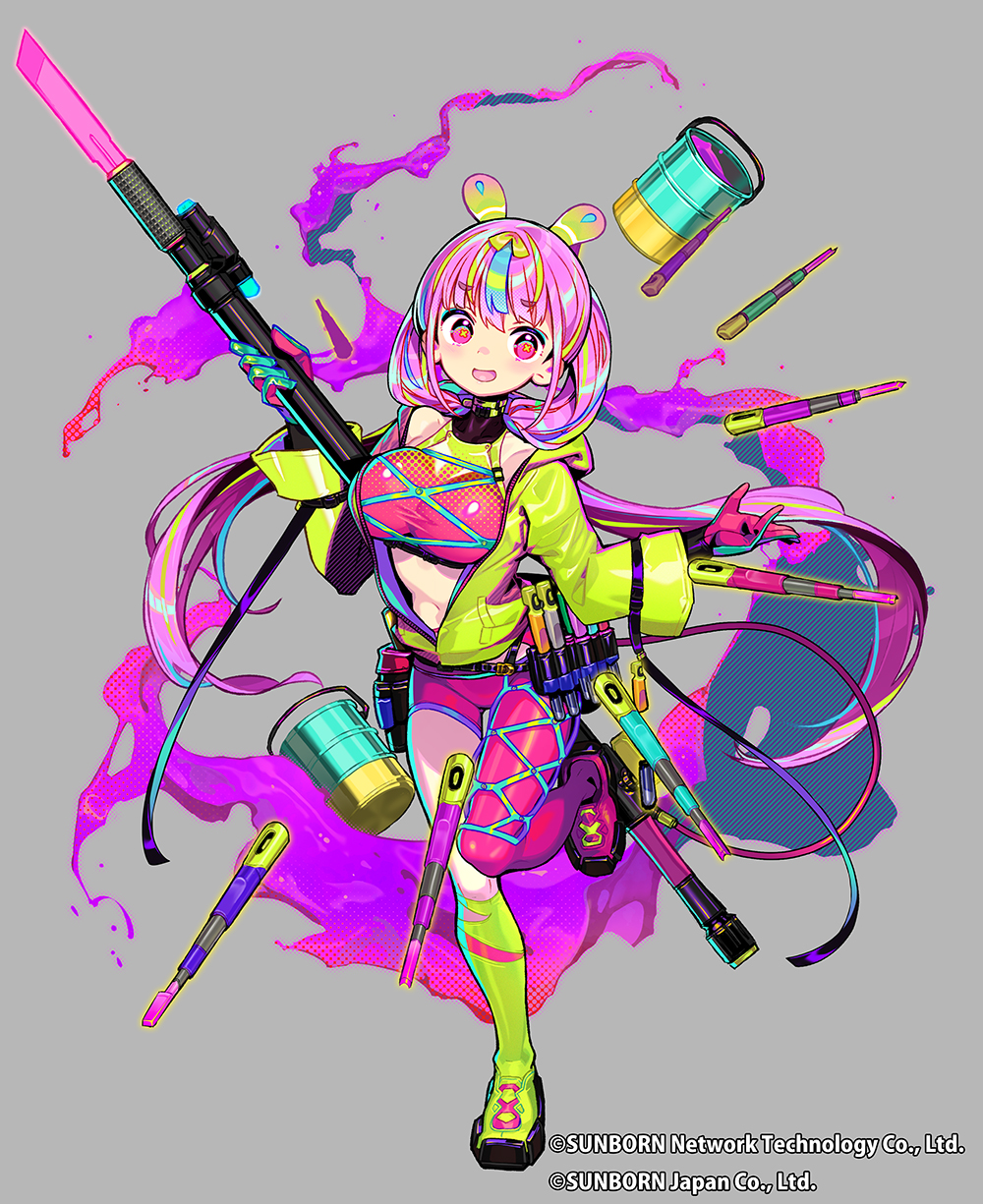 1girl asymmetrical_footwear asymmetrical_legwear breasts commentary_request full_body girls&#039;_frontline girls&#039;_frontline_neural_cloud gloves green_jacket grey_background highres holding holding_staff jacket large_breasts leg_up looking_at_viewer mismatched_footwear navel official_art onono_imoko open_clothes open_jacket open_mouth paint_can pink_eyes pink_hair puzzle_(neural_cloud) shoes simple_background smile solo staff symbol-shaped_pupils