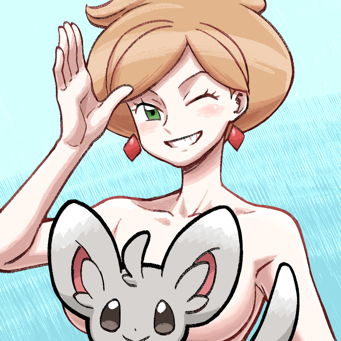 1girl arm_up armpit_peek aurea_juniper black_eyes black_outline blue_background blush breasts brown_hair collarbone convenient_censoring diamond_(shape) dot_nose earrings eyelashes gen_5_pokemon green_eyes grin jewelry large_breasts large_ears looking_at_viewer mature_female minccino nintendo nude nutkingcall one_eye_closed open_hand outline palms pokemon pokemon_(creature) pokemon_bw salute short_hair smile upper_body