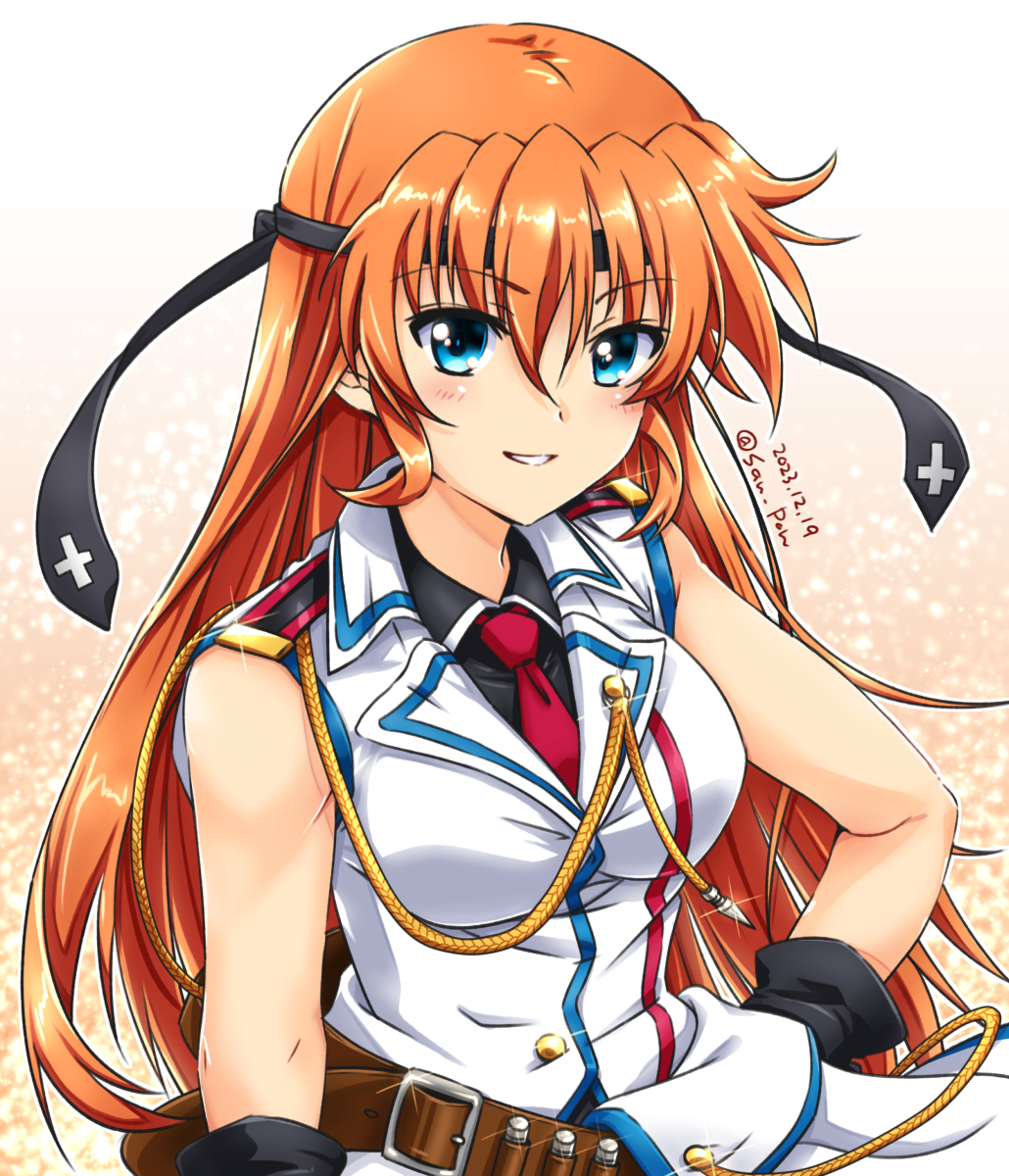 1girl blue_eyes highres long_hair looking_at_viewer lyrical_nanoha mahou_shoujo_lyrical_nanoha necktie orange_hair san-pon smile solo standing teana_lanster