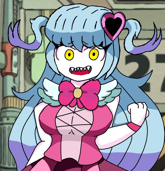 1girl breasts colored_skin fangs hair_ornament heart heart_hair_ornament its_archvile lobotomy_corporation long_hair magical_girl medium_breasts multicolored_hair project_moon queen_of_hatred short_twintails solo solo_focus twintails white_skin yellow_eyes