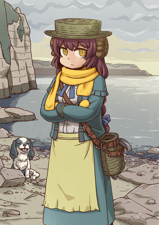 1girl ammonite_hair_ornament animal apron aqua_jacket aqua_skirt bag beach belt_buckle blue_bow blue_ribbon bow braid breasts brown_hair buckle closed_mouth cloud cloudy_sky crossed_arms dog fate/grand_order fate_(series) feet_out_of_frame frown game_cg green_apron green_hat grey_shirt hair_bow hat jacket long_hair long_sleeves looking_at_viewer mary_anning_(fate) mary_anning_(second_ascension)_(fate) medium_breasts medium_skirt mittens neck_ribbon ocean official_art open_clothes open_jacket pickaxe ribbon riyo_(lyomsnpmp) scarf shirt shoulder_bag sidelocks single_braid skirt sky sleeve_cuffs slit_pupils solo spaniel_(dog) straw_hat third-party_source variant_set waist_apron yellow_eyes yellow_mittens yellow_scarf