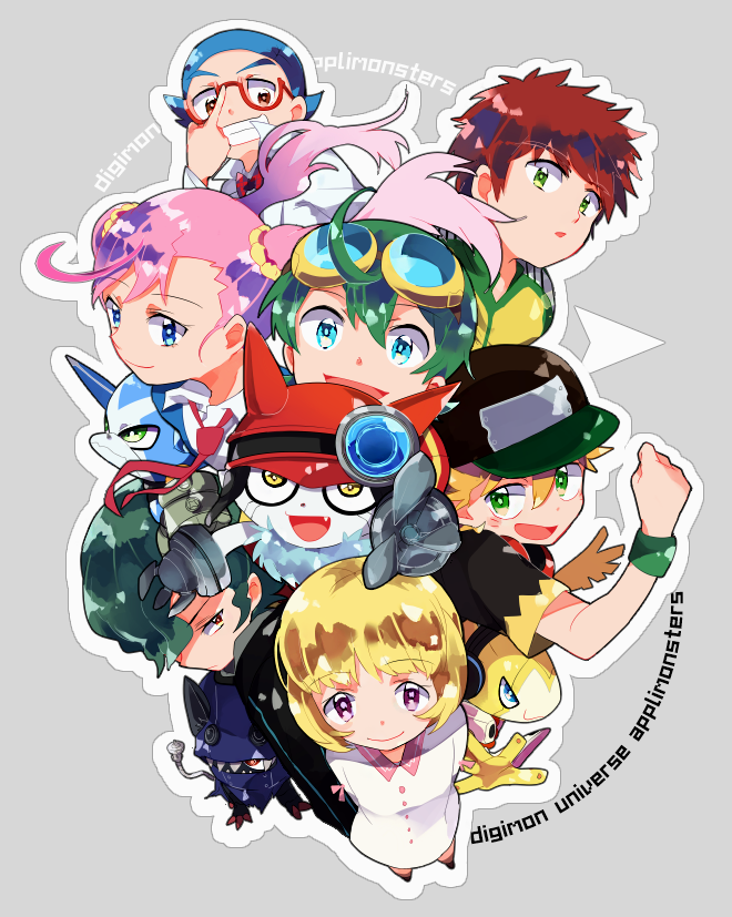 2girls 6+boys appmon asuka_torajirou digimon digimon_universe:_appli_monsters dokamon gatchmon goggles goggles_on_head hackmon_(appmon) hat karan_eri kashiki_ai katsura_rei looking_at_viewer multiple_boys multiple_girls musimon natsuki_(aisae) offmon ozora_yujin shinkai_haru smile wato_takeru
