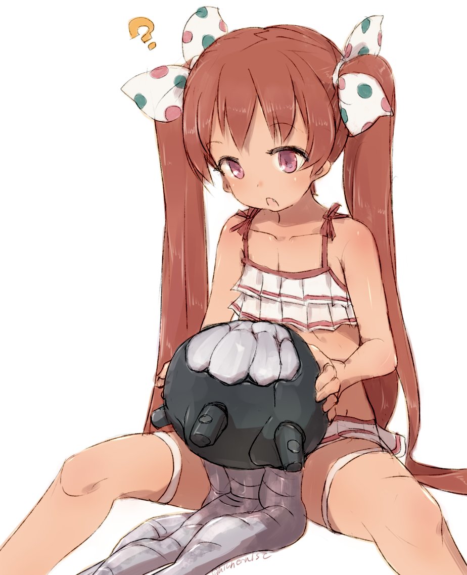 1girl alchera bikini brown_eyes brown_hair collarbone commentary_request dark-skinned_female dark_skin enemy_naval_mine_(kancolle) feet_out_of_frame female_focus frilled_bikini frills hair_ribbon kantai_collection libeccio_(kancolle) libeccio_(swimsuit)_(kancolle) long_hair polka_dot polka_dot_ribbon ribbon simple_background sitting solo spread_legs swimsuit tentacles twintails white_background white_bikini