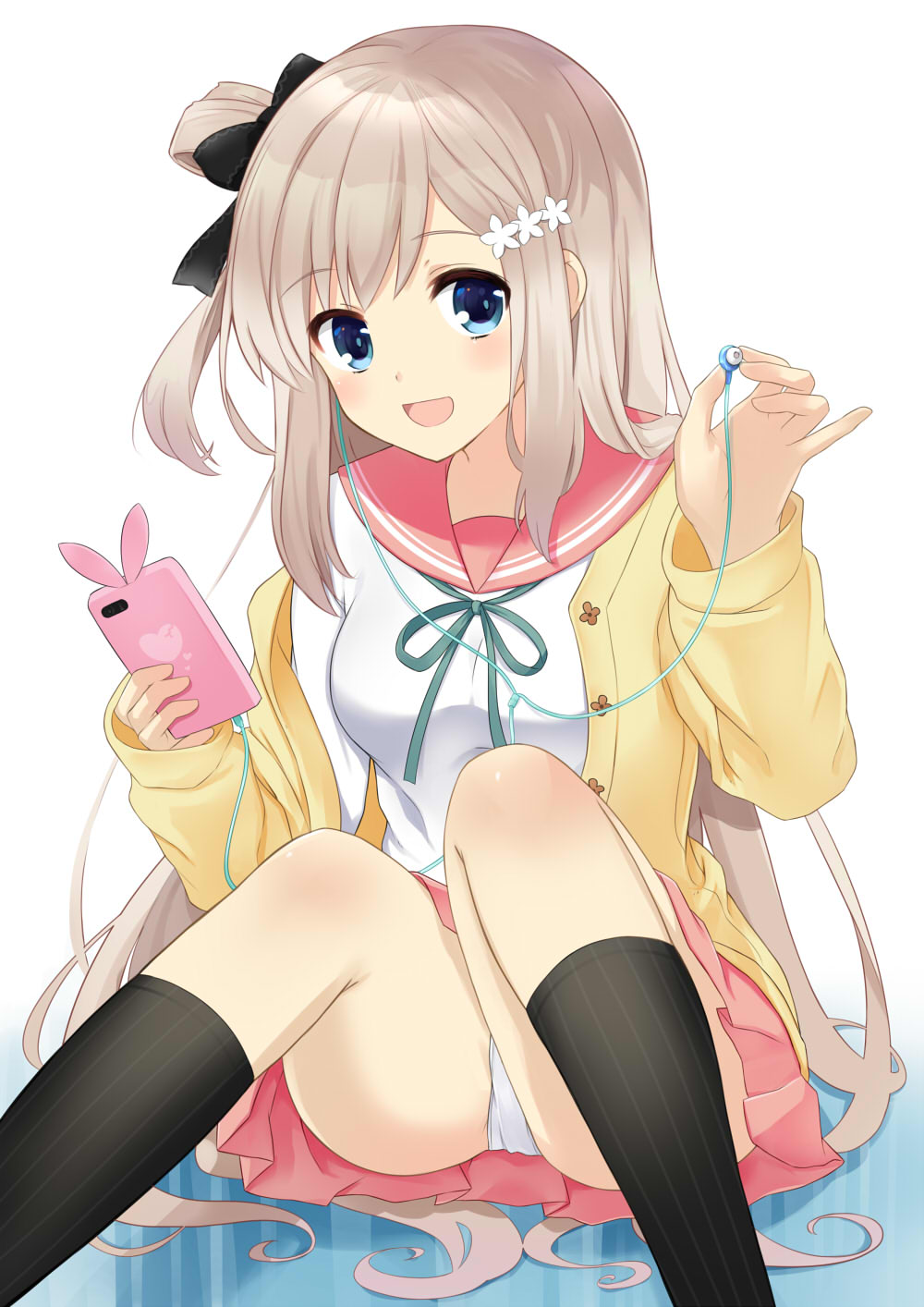 1girl ahase_hino black_bow black_socks blue_eyes bow earphones flower_hairpin highres holding holding_earphones holding_phone long_hair long_sleeves looking_at_viewer open_mouth original panties pantyshot phone pink_hair school_uniform serafuku simple_background single_earphone_removed sitting skirt smile socks solo thighhighs underwear white_background