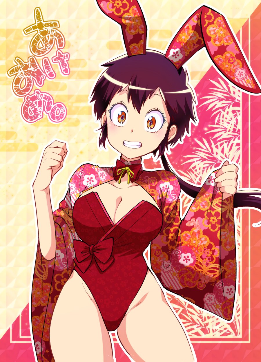 1girl animal_ears black_hair breasts chinese_zodiac cleavage grandaughter_of_lupin_iii highres japanese_clothes kimono large_breasts leotard lupin_iii marimo_(yousei_ranbu) orange_eyes playboy_bunny short_hair solo thighs year_of_the_rabbit