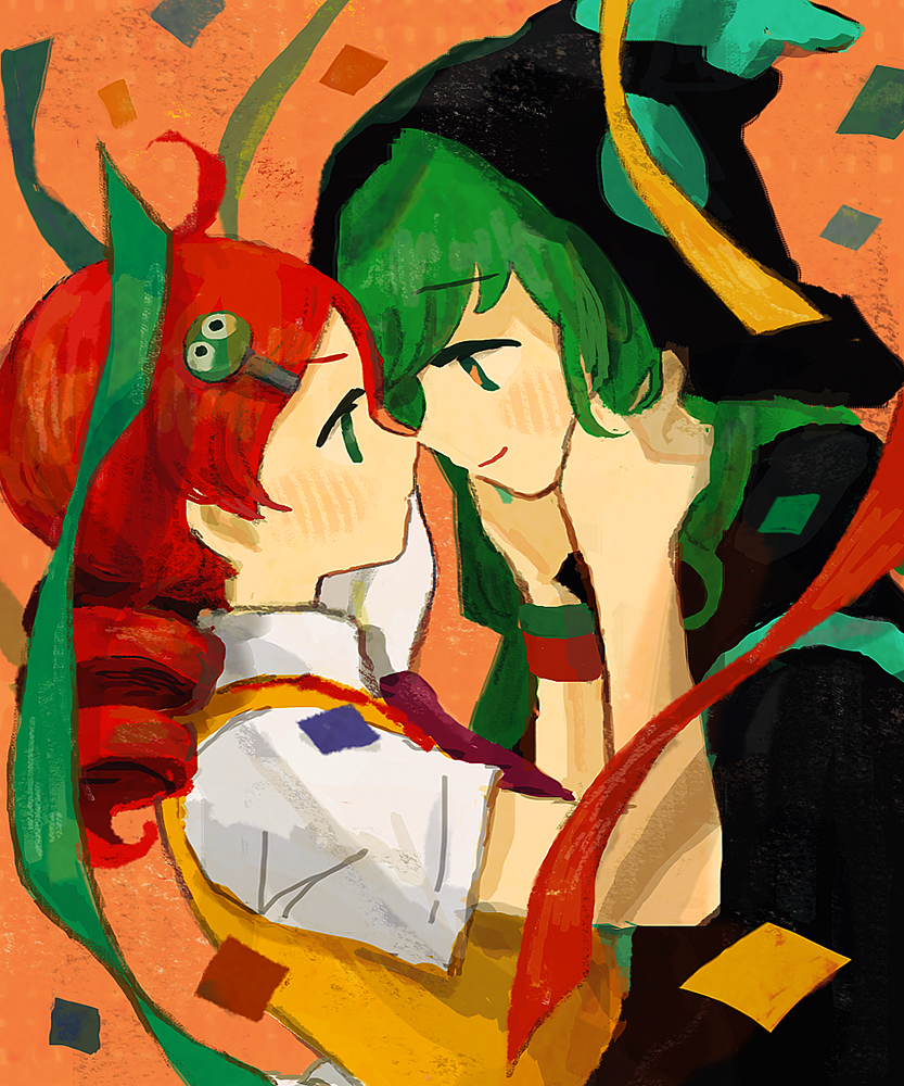 1boy 1girl ahoge andou_ringo androgynous black_hat black_shirt character_hair_ornament closed_mouth confetti couple drill_hair ecolo_(puyopuyo) face-to-face green_hair hair_ornament hands_on_another&#039;s_face hands_up hat hetero light_smile long_hair nananameless necktie noses_touching orange_background profile puyopuyo puyopuyo_20th_anniversary red_hair red_necktie shirt short_sleeves streamers sweater_vest twin_drills unusual_ecolo upper_body white_shirt wristband yellow_sweater_vest