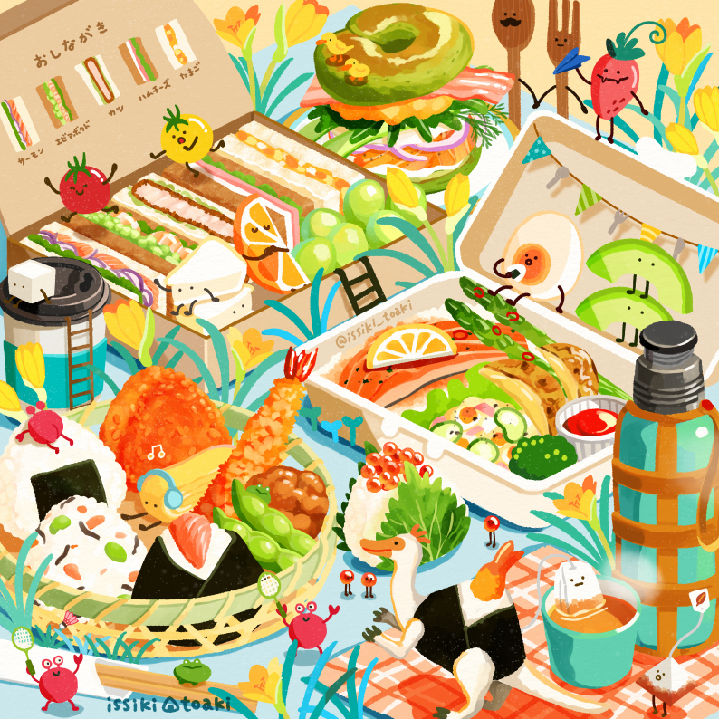 avocado_slice bacon bagel bagel_sandwich basket bento bird bottle bread commentary_request crab cup disposable_coffee_cup disposable_cup drink fish_(food) flower food food_focus fruit holding holding_racket ikura_(food) issiki_toaki ketchup ladder lemon lemon_slice lettuce meat no_humans onigiri orange_(fruit) orange_slice original racket sandwich scenery shrimp shrimp_tempura softboiled_egg spoon strawberry tea teabag tempura tomato wooden_fork wooden_spoon yellow_flower