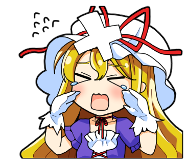 &gt;_&lt; 1girl blonde_hair chibi choker dress gloves hat hat_ribbon long_hair lowres mob_cap open_mouth purple_dress red_ribbon ribbon ribbon_choker solo tatsu_toyoyo touhou very_long_hair white_gloves wild_and_horned_hermit yakumo_yukari