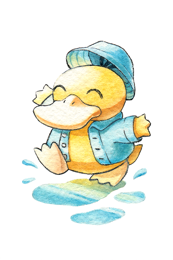^_^ arms_up blue_hat blue_jacket bucket_hat buttons closed_eyes clothed_pokemon commentary english_commentary gen_1_pokemon hat hat_loss jacket long_sleeves nintendo no_humans oliver_hamlin open_clothes open_jacket painting_(medium) pokemon pokemon_(creature) psyduck puddle simple_background solo splashing traditional_media walking water watercolor_(medium) white_background