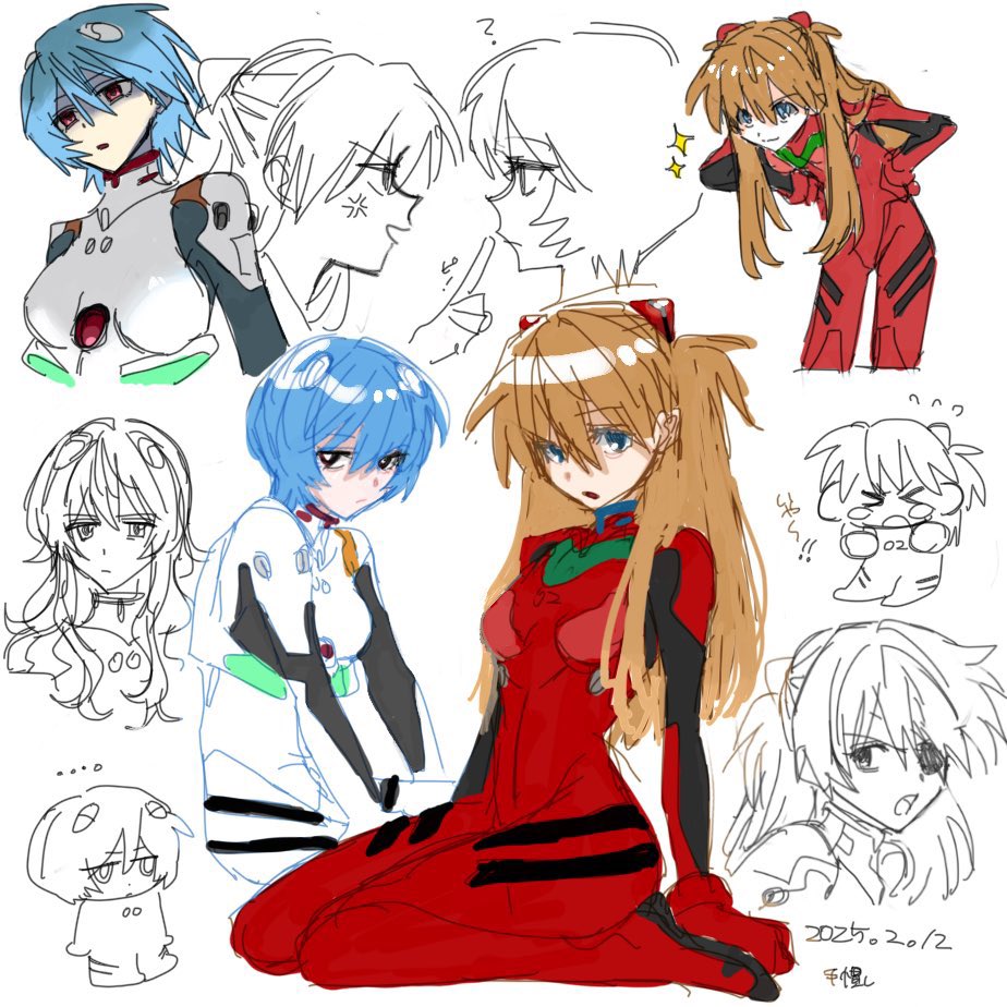 2girls artist_request ayanami_rei blue_eyes blue_hair bodysuit breasts brown_hair chibi curvy hair_between_eyes long_hair looking_at_another looking_at_viewer mecha_pilot_suit multiple_girls multiple_views neon_genesis_evangelion plugsuit_(evangelion) red_bodysuit red_eyes shiny_clothes short_hair sitting sketch souryuu_asuka_langley tsundere two_side_up wide_hips