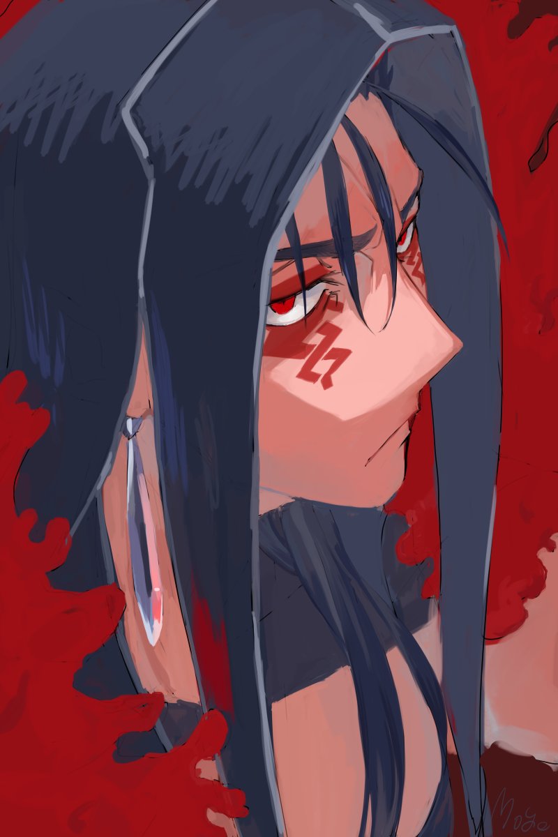 1boy blue_hair close-up closed_mouth cu_chulainn_(fate) cu_chulainn_(fate/stay_night) cu_chulainn_alter_(fate) cu_chulainn_alter_(fate/grand_order) earrings fate/grand_order fate_(series) highres hood jewelry looking_at_viewer male_focus momomogeta red_background red_eyes solo tattoo upper_body