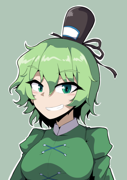 1girl black_hat commentary cross-laced_clothes green_eyes green_hair grey_background hair_between_eyes hat looking_at_viewer midori_niku outline short_hair simple_background smile soga_no_tojiko solo tate_eboshi touhou upper_body white_outline