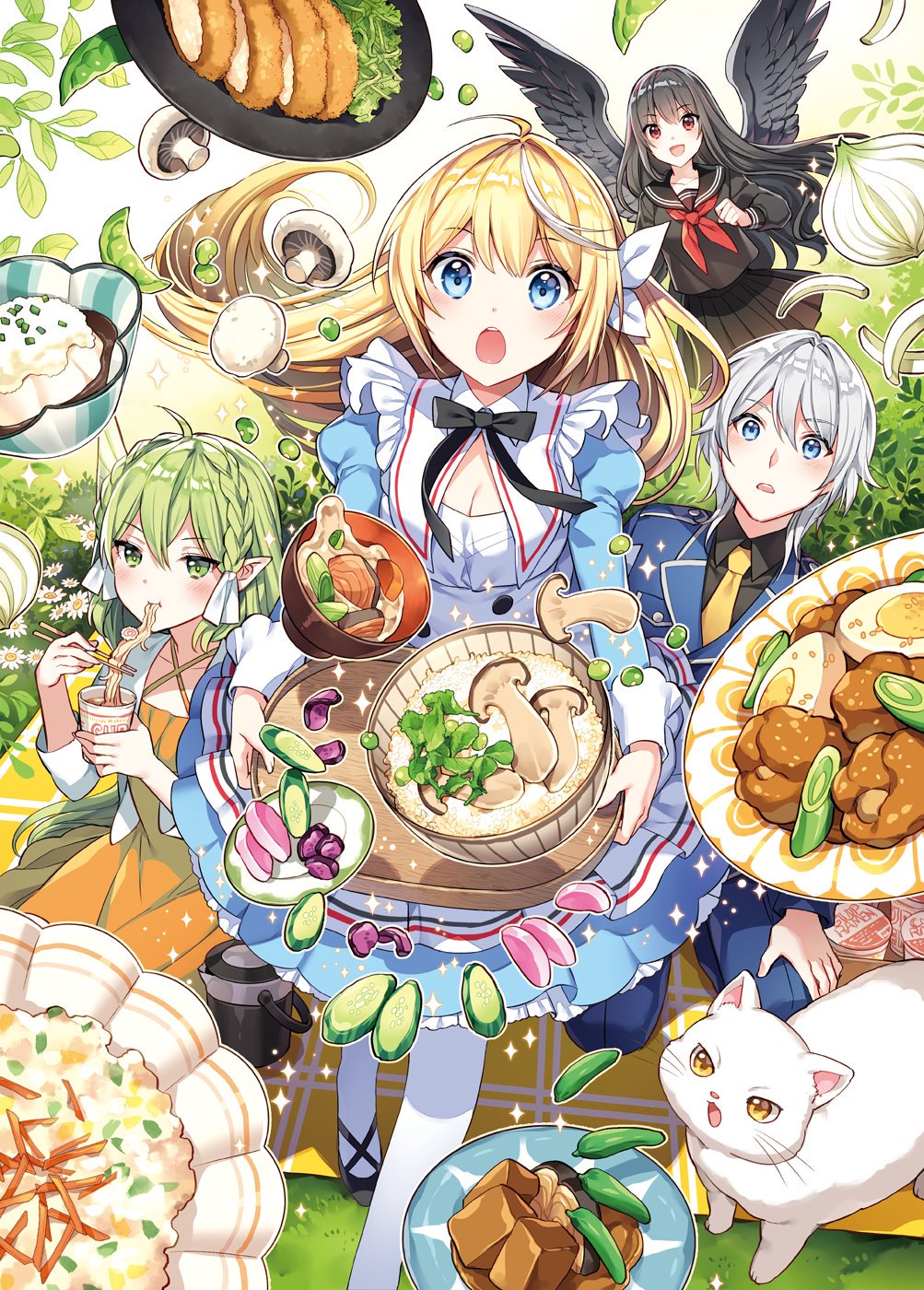 1boy 3girls alphonse_rin apron aqua_eyes beans bird_wings black_hair blonde_hair blue_dress blue_jacket bowl braid breasts cat cleavage cover cover_page dress eating egg fel_lucifer_maou food from_above green_eyes green_hair grey_hair halter_dress halterneck highres holding holding_food holding_tray jacket long_hair loretta_fairy moto_koushaku_reijou_no_shuushoku multicolored_hair multiple_girls mushroom nardack neckerchief necktie novel_cover official_art onion open_mouth pantyhose parted_lips picnic_blanket plate pleated_skirt pointy_ears red_neckerchief rice sailor_collar sailor_shirt second-party_source shirt short_hair sitting skirt sofia_earlgrey standing streaked_hair tofu tono_(moto_koushaku_reijou_no_shuushoku) tray white_hair white_pantyhose wings