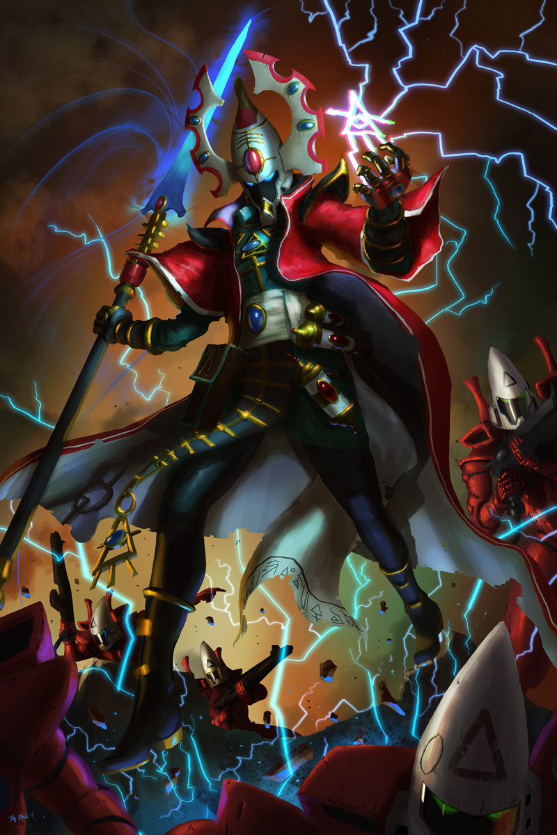 eldar farseer highres holding holding_weapon jeff_zhang lightning magic male_focus polearm solo_focus spear warhammer_40k weapon