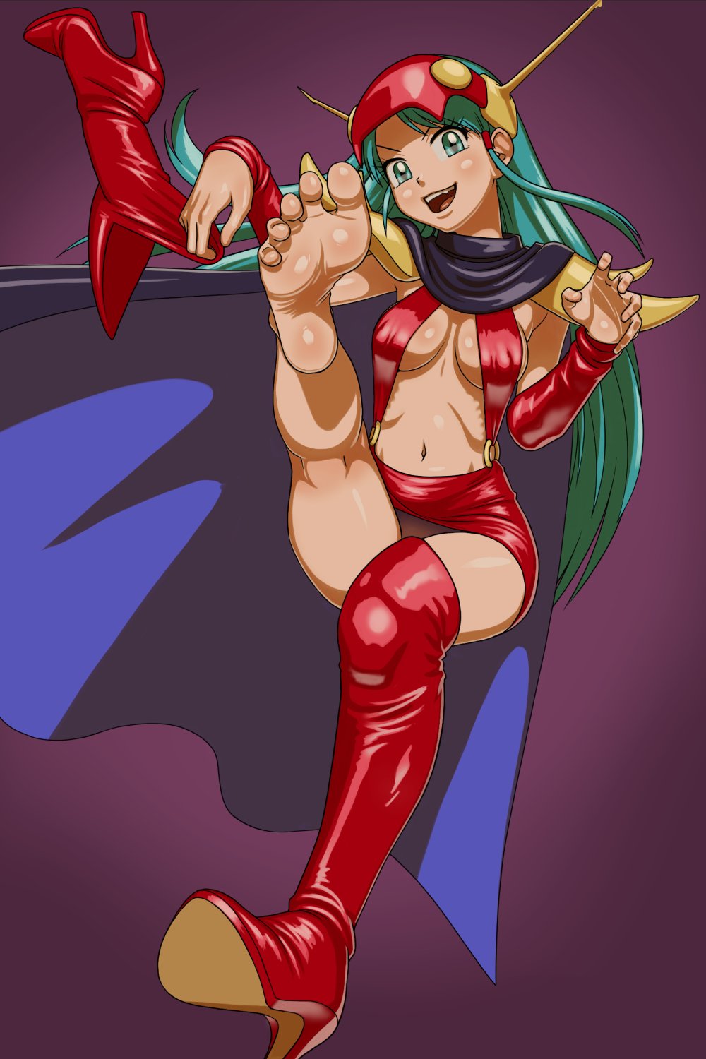 1girl barefoot boots feet genji_tsuushin_agedama green_eyes green_hair highres kuki_rei long_hair looking_at_viewer open_mouth shoes soles thigh_boots toes tsuichi unworn_boots unworn_shoes