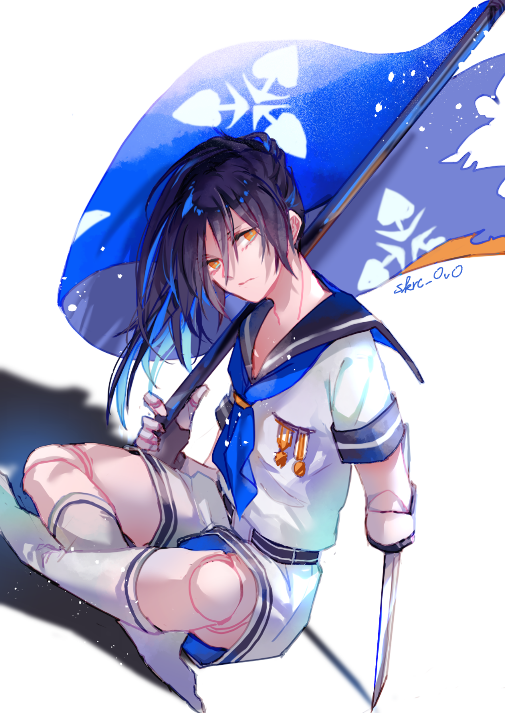1boy black_hair blue_neckerchief crossed_legs dororo_(tezuka) flag full_body hair_between_eyes highres holding holding_flag hyakkimaru_(dororo) long_hair medal neckerchief prosthesis prosthetic_arm prosthetic_leg prosthetic_weapon sailor_collar sakuramochi1003 shirt shorts sitting socks solo weapon white_background white_shirt white_shorts white_socks yellow_eyes