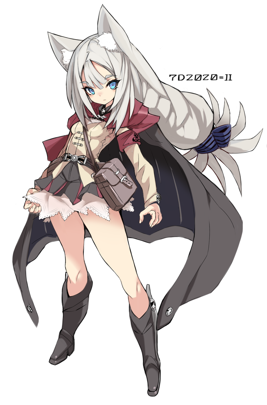 1girl 7th_dragon_(series) 7th_dragon_2020 7th_dragon_2020-ii animal_ear_fluff animal_ears armband black_boots black_cape black_skirt blue_eyes boots braid breasts brown_shirt cape closed_mouth copyright_request grey_hair highres karukan_(monjya) long_hair long_sleeves looking_at_viewer pleated_skirt shirt short_eyebrows simple_background single_braid skirt small_breasts solo thick_eyebrows very_long_hair white_background
