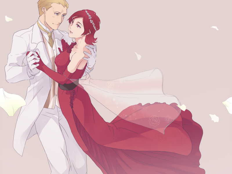 01rosso 1boy 1girl bad_id bad_pixiv_id blonde_hair blue_eyes dancing dress elbow_gloves fate/zero fate_(series) formal_clothes gloves kayneth_archibald_el-melloi red_eyes red_hair short_hair sola-ui_nuada-re_sophia-ri suit white_gloves