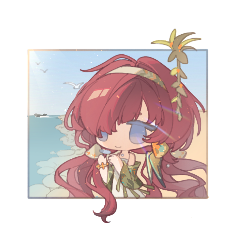 1girl bare_shoulders bird blue_eyes blue_sky capelet chibi day dress green_capelet green_hairband hairband hands_up low_twintails ocean official_alternate_costume red_hair reverse:1999 sky sleeveless sleeveless_dress smile solo tansuangai_fenmo twintails upper_body white_background white_dress yenisei_(around_the_riverbend)_(reverse:1999) yenisei_(reverse:1999)