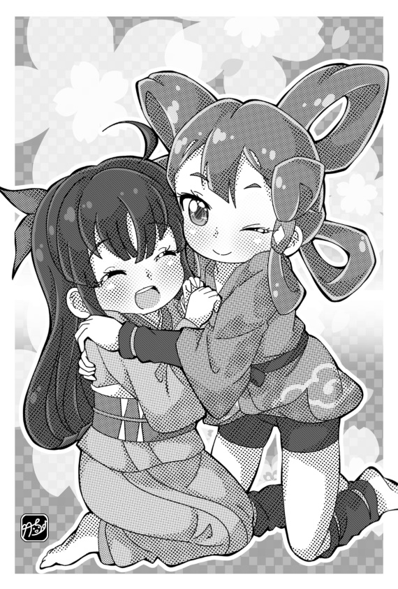 2girls blush closed_eyes commentary_request greyscale hair_rings hug mizura monochrome multiple_girls one_eye_closed open_mouth sakuna-hime shorts smile takecho tensui_no_sakuna-hime textless_version yui_(tensui_no_sakuna-hime) yuri