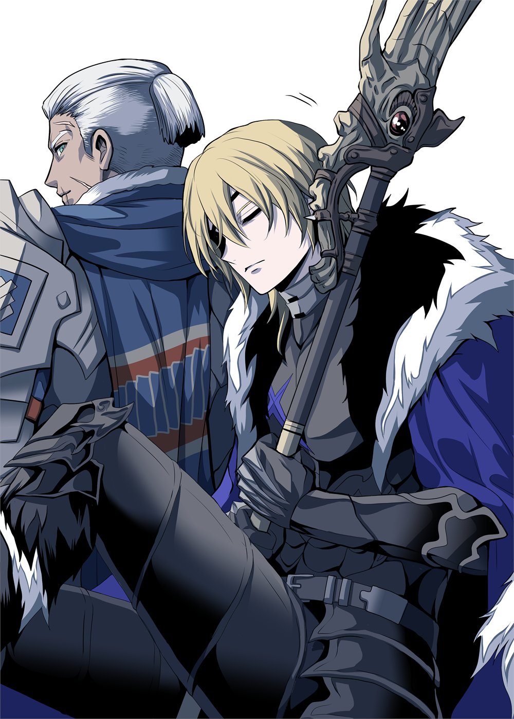 2boys areadbhar_(fire_emblem) armor belt black_armor black_belt blonde_hair blue_scarf boots breastplate closed_eyes closed_mouth commentary dark-skinned_male dark_skin dedue_molinaro dedue_molinaro_(timeskip) dimitri_alexandre_blaiddyd dimitri_alexandre_blaiddyd_(timeskip) eyepatch facial_scar fire_emblem fire_emblem:_three_houses fur-trimmed_boots fur-trimmed_collar fur_trim gauntlets green_eyes hair_between_eyes highres holding holding_polearm holding_weapon looking_back male_focus megubiru multiple_boys multiple_scars nintendo one_eye_covered ornate_weapon pauldrons polearm ponytail scar scar_on_cheek scar_on_face scar_on_forehead scarf short_ponytail shoulder_armor simple_background sleeping symbol-only_commentary weapon white_background white_fur white_hair