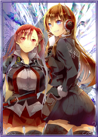 00s 10s 2girls arms_behind_back black_gloves black_legwear blue_eyes blue_skirt breasts brown_hair carisa_contzen copyright_name gloves grin hand_on_own_hip large_breasts long_hair looking_at_viewer lowres military military_uniform multicolored_hair multiple_girls pleated_skirt red_eyes red_hair red_skirt riela_marcellis senjou_no_valkyria senjou_no_valkyria_(series) senjou_no_valkyria_3 silver_hair skirt smile thighhighs two-tone_hair watanabe_yuuna