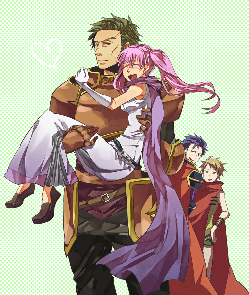 1girl 3boys :d armor blue_hair brown_footwear brown_gloves brown_hair cape carrying cheekbones closed_eyes fire_emblem fire_emblem:_the_blazing_blade gloves green_background heart hector_(fire_emblem) hetero ishiwari matthew_(fire_emblem) multiple_boys nintendo open_mouth oswin_(fire_emblem) pink_hair princess_carry purple_cape red_cape serra_(fire_emblem) shoes smile standing sweatdrop twintails
