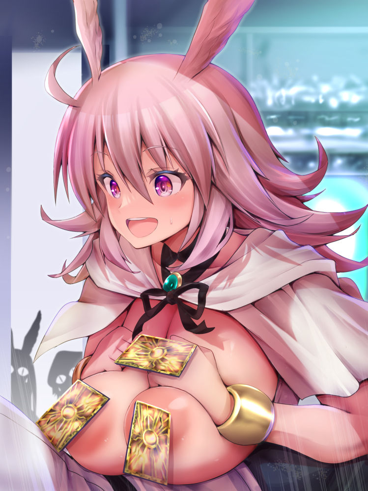 1boy 1girl ahoge areola_slip asahi_(fullmetal_madness) breasts breasts_squeezed_together brooch capelet convenient_censoring dress fate/grand_order fate_(series) head_wings hetero hildr_(fate) hood hooded_capelet jewelry large_breasts long_hair open_mouth paizuri pink_hair red_eyes smile summon_ticket_(fate) valkyrie_(fate) white_capelet white_dress wings