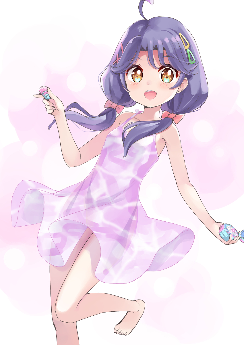 1girl :d ahoge bare_arms bare_legs bare_shoulders barefoot blue_eyes blush bow brown_eyes collarbone cowboy_shot cure_coral dress floating_hair hair_ornament hair_over_shoulder henshin highres leg_up long_hair looking_at_viewer low-tied_long_hair low_twintails magical_girl multicolored_eyes no_panties open_mouth pink_bow precure purple_background purple_dress purple_hair round_teeth see-through_clothes simple_background sleeveless sleeveless_dress smile solo spaghetti_strap sundress suzumura_sango teeth tenjou_ryuka transformation tropical-rouge!_precure tropical_pact twintails two-tone_background upper_teeth_only white_background x_hair_ornament