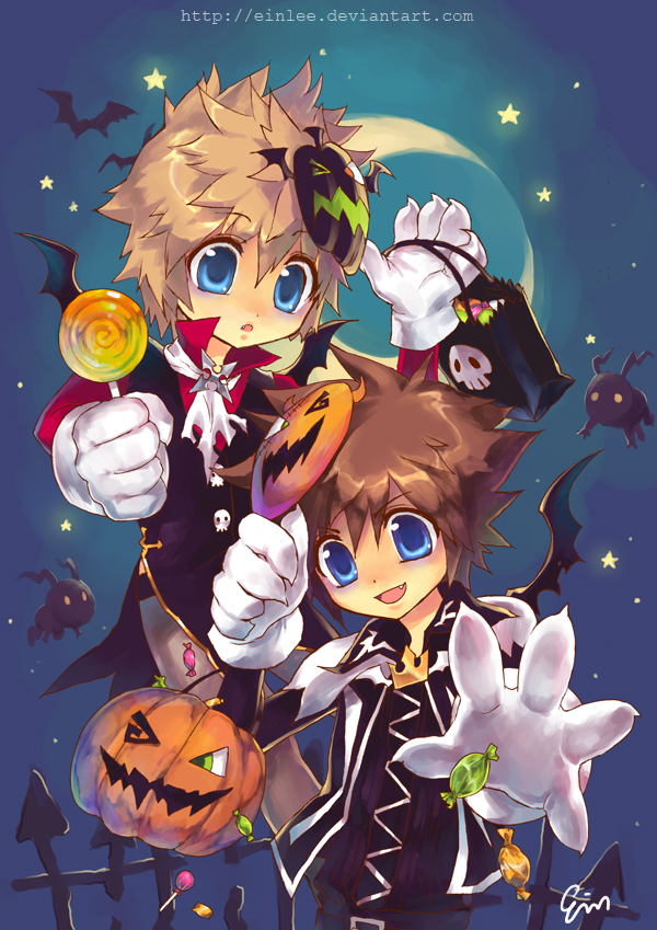 2boys :o alternate_costume ascot bag bat_(animal) bat_wings black_vest blonde_hair blue_eyes brown_hair candy chibi chibi_only claws commentary deviantart_username ein_lee english_commentary fang fence food foreshortening gloves grey_pants halloween halloween_bucket hands_up heartless_(kingdom_hearts) high_collar holding holding_bag holding_candy holding_food holding_lollipop iron_fence jack-o&#039;-lantern jacket kingdom_hearts kingdom_hearts_ii lollipop long_sleeves looking_down male_focus moon multiple_boys night official_alternate_costume open_clothes open_jacket open_mouth outdoors pants parted_lips red_shirt roxas shadow_(kingdom_hearts) shirt short_hair signature smile sora_(halloween_town)_(kingdom_hearts) sora_(kingdom_hearts) spiked_hair star_(sky) torn_clothes upper_body vest white_ascot white_gloves wing_collar wings wrapped_candy