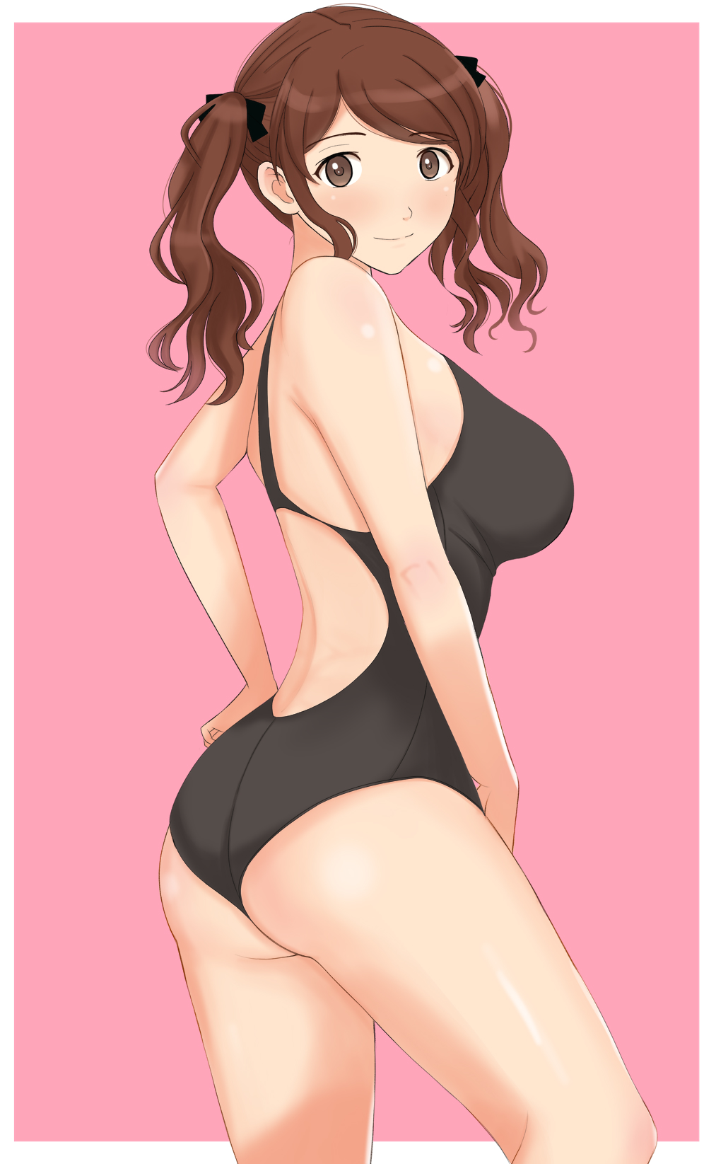 1girl amagami ass black_one-piece_swimsuit blush border breasts brown_eyes brown_hair closed_mouth from_side hand_on_own_hip highres large_breasts looking_at_viewer medium_hair nakata_sae one-piece_swimsuit outside_border pink_background racerback simple_background solo swimsuit takemi_kaoru thighs twintails white_border
