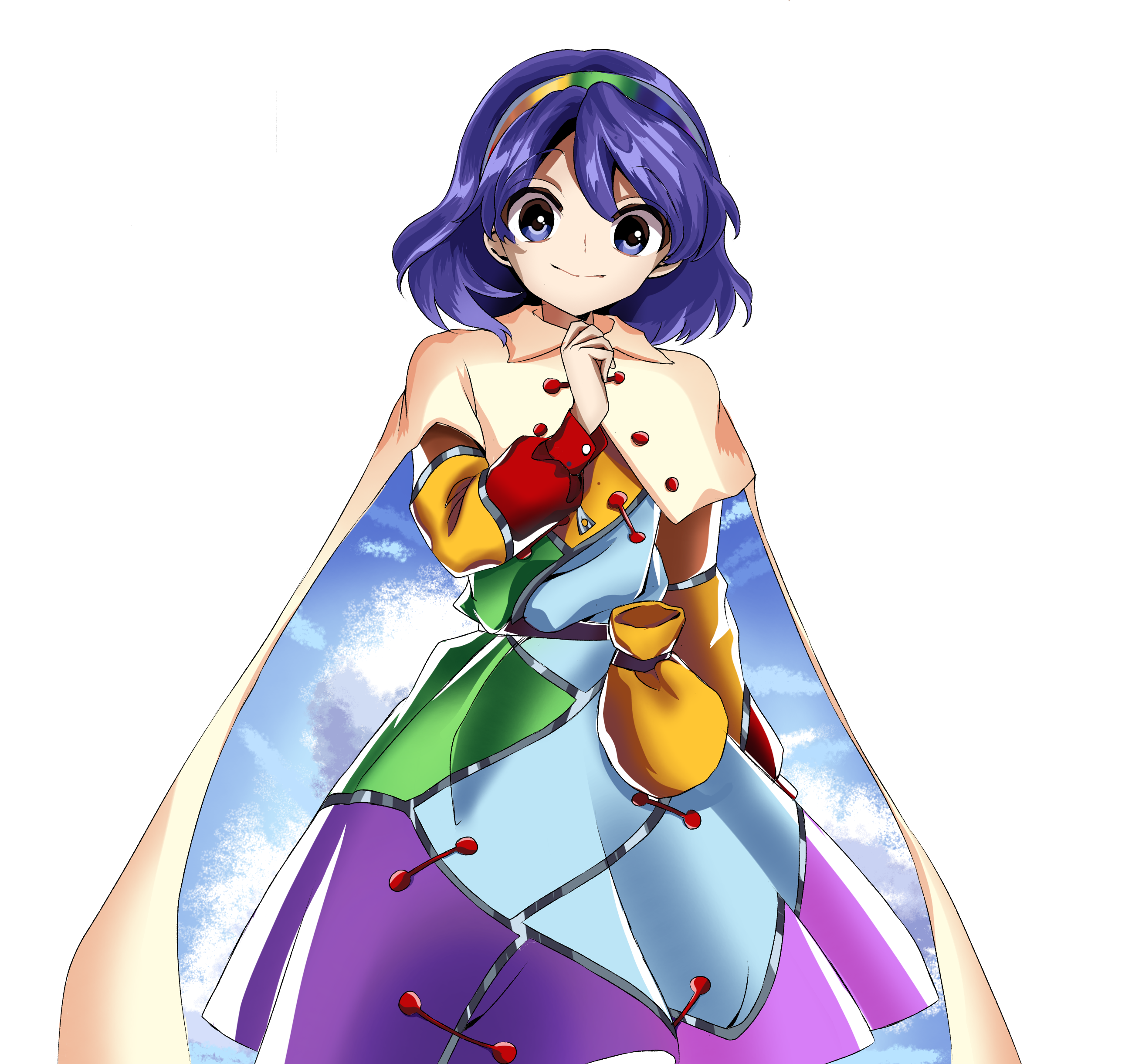 1girl absurdres antinomy_of_common_flowers blue_sky cape dress flimsy_market1893 harukawa_moe_(style) headband highres looking_at_viewer medium_hair purple_eyes purple_hair rainbow_hairband simple_background sky smile tagme tenkyuu_chimata touhou unconnected_marketeers urban_legend_in_limbo