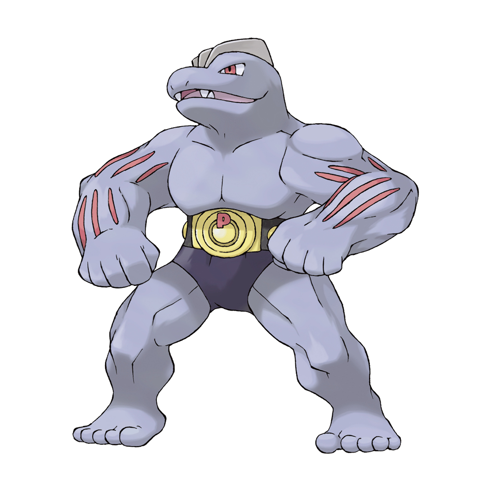 belt fangs full_body gen_1_pokemon machoke muscular nintendo nostrils official_art open_mouth pokemon pokemon_(creature) pokemon_focus pokemon_frlg red_eyes simple_background solo standing sugimori_ken third-party_source white_background