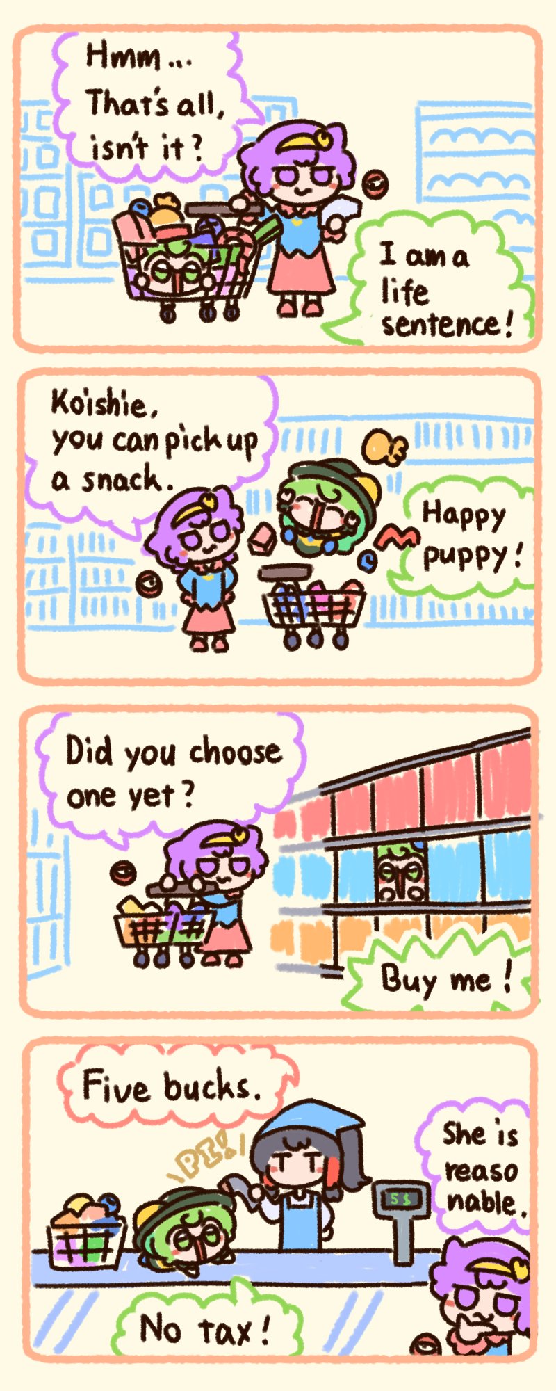 3girls :s black_hair black_headwear cashier commentary english_commentary english_text green_eyes green_hair hairband hakurei_reimu heart highres komeiji_koishi komeiji_satori mall multiple_girls numenoko pink_eyes pink_hair ponytail shopping_cart sidelocks speech_bubble tan_tan_pou third_eye touhou yellow_hairband