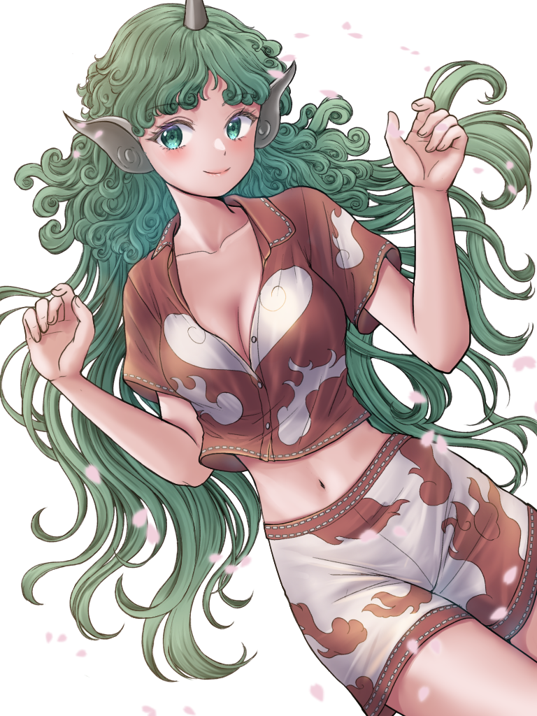 1girl breasts cherry_blossoms cleavage closed_mouth cloud_print commentary_request cowboy_shot crop_top curly_hair dutch_angle green_eyes green_hair hands_up horns kariyushi_shirt komainu_ears komainu_girl komano_aunn kyabekko large_breasts long_hair looking_at_viewer looking_to_the_side midriff navel parted_bangs partial_commentary partially_unbuttoned red_shirt red_trim ribbon ribbon-trimmed_shirt ribbon_trim shirt short_sleeves shorts simple_background single_horn smile solo touhou unfinished_dream_of_all_living_ghost white_background white_ribbon white_shorts