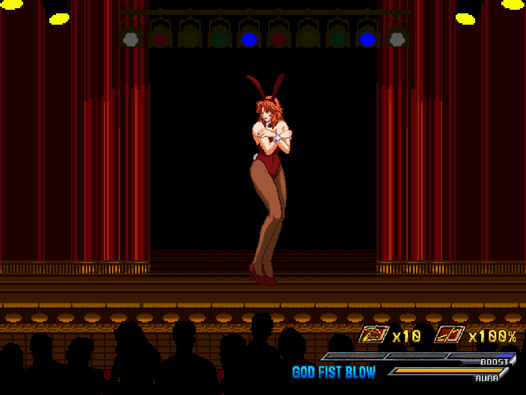 1girl animal_ears bow bowtie covering_privates crowd fake_animal_ears high_heels hokuto_no_ken leotard lipstick m.u.g.e.n makeup mamiya_(hokuto_no_ken) orange_hair pantyhose playboy_bunny rabbit_ears rabbit_tail red_leotard tail wrist_cuffs