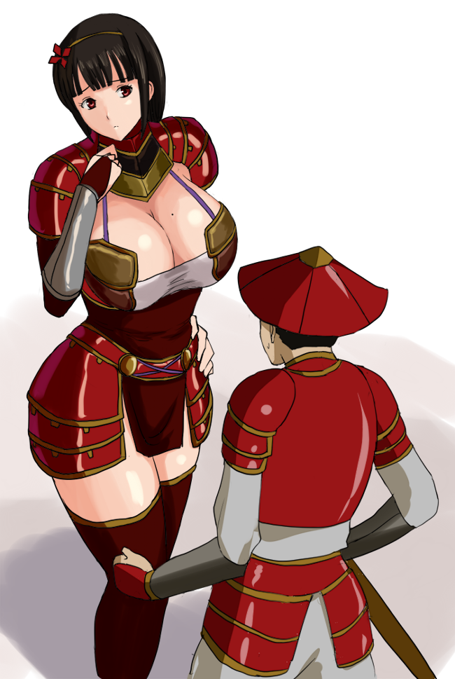 1boy 1girl 78_(tky8) armor back black_hair breasts cleavage elbow_gloves eyebrows_hidden_by_hair flower gloves hair_flower hair_ornament hairband hat helmet ii_naotora japanese_armor japanese_clothes large_breasts looking_at_another open_mouth red_eyes red_gloves red_thighhighs sengoku_musou short_hair shy size_difference thighhighs