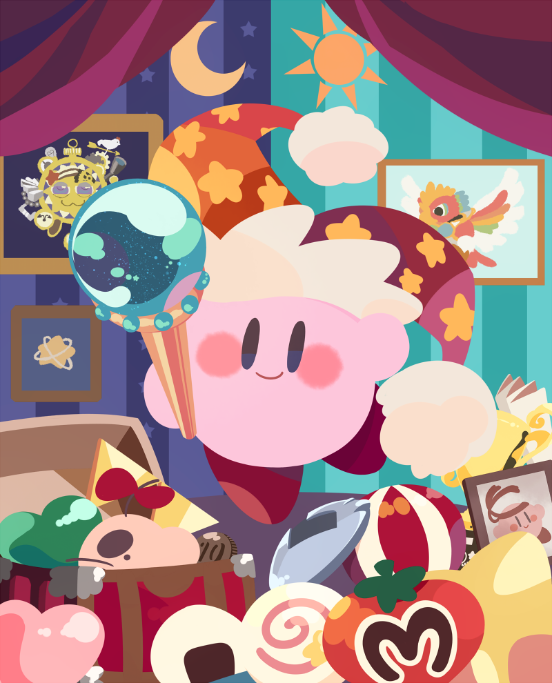 aqua_background beam_kirby blue_background blue_eyes blush_stickers closed_mouth commentary_request copy_ability crescent curtains drawing_(object) dyna_blade fighter_kirby food frilled_hat frills galactic_nova hat heart hitofutarai holding holding_wand invincible_candy jester_cap kirby kirby_(series) kirby_super_star looking_at_viewer nintendo no_humans onigiri orange_hat pink_skirt planet pom_pom_(clothes) red_hat red_shoes shoes skirt smile solo star_(symbol) star_print striped_background sun tomato treasure_chest trophy two-tone_background two-tone_headwear wand