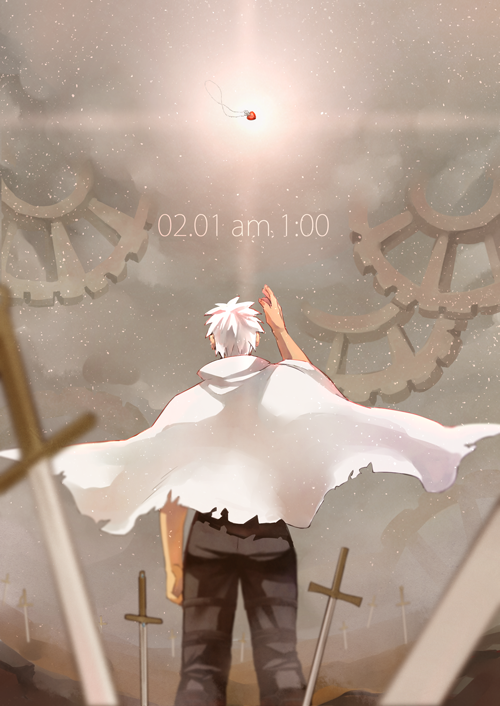 1boy archer_(fate) black_pants cape commentary_request fate/stay_night fate_(series) from_behind gears jewelry male_focus misuko_(sbelolt) necklace pants planted planted_sword planted_weapon solo sword unlimited_blade_works_(reality_marble) unworn_jewelry unworn_necklace weapon white_cape white_hair