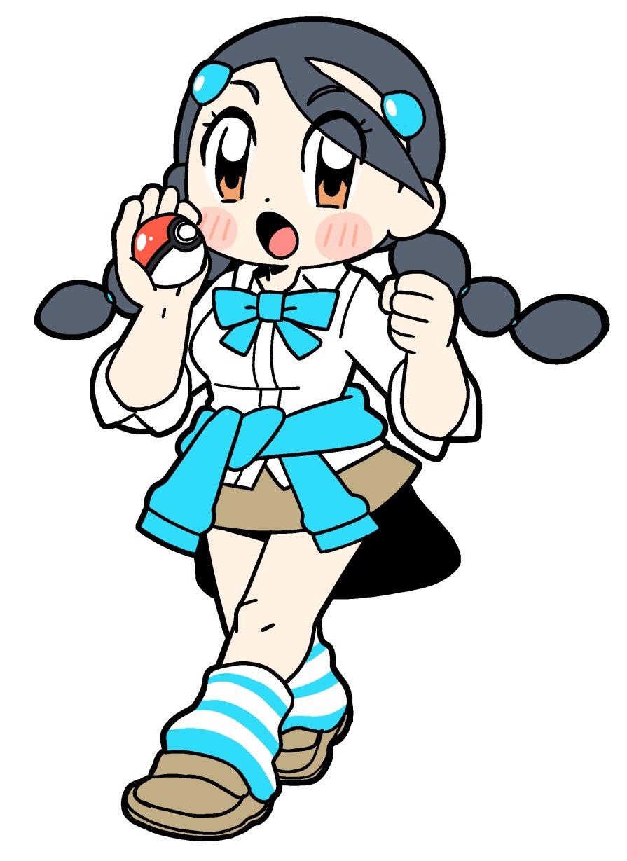 1girl :o bkub black_hair blue_bow blue_bowtie blush bow bowtie breasts brown_shoes brown_skirt candice_(pokemon) clenched_hand clothes_around_waist collared_shirt commentary_request deformed dot_nose eyelashes eyes_visible_through_hair full_body hair_ornament hands_up highres holding holding_poke_ball horizontal-striped_socks long_hair loose_socks medium_breasts miniskirt multi-tied_hair nintendo open_mouth orange_eyes poke_ball poke_ball_(basic) pokemon pokemon_dppt shirt shoes simple_background skirt socks solo striped_clothes striped_socks three-quarter_sleeves twintails white_background white_shirt