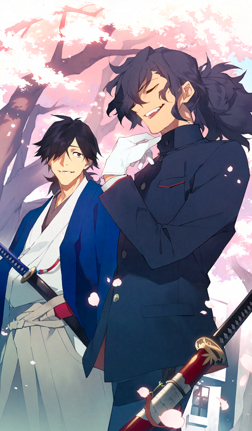 2boys black_hair black_jacket black_pants blue_haori blue_sky brown_hair brown_hakama building buttons cherry_blossoms closed_eyes commentary day dutch_angle fate/grand_order fate_(series) gloves hair_over_one_eye hakama haori high_collar jacket japanese_clothes katana kimono light_particles long_hair long_sleeves looking_at_another male_focus multiple_boys official_alternate_costume official_art okada_izou_(fate) open_mouth outdoors pants ponytail sakamoto_ryouma_(fate) sheath sheathed shiramine_(srmn09) sidelocks sky smile sunlight sword teeth third-party_source tree upper_teeth_only walking weapon white_gloves white_kimono