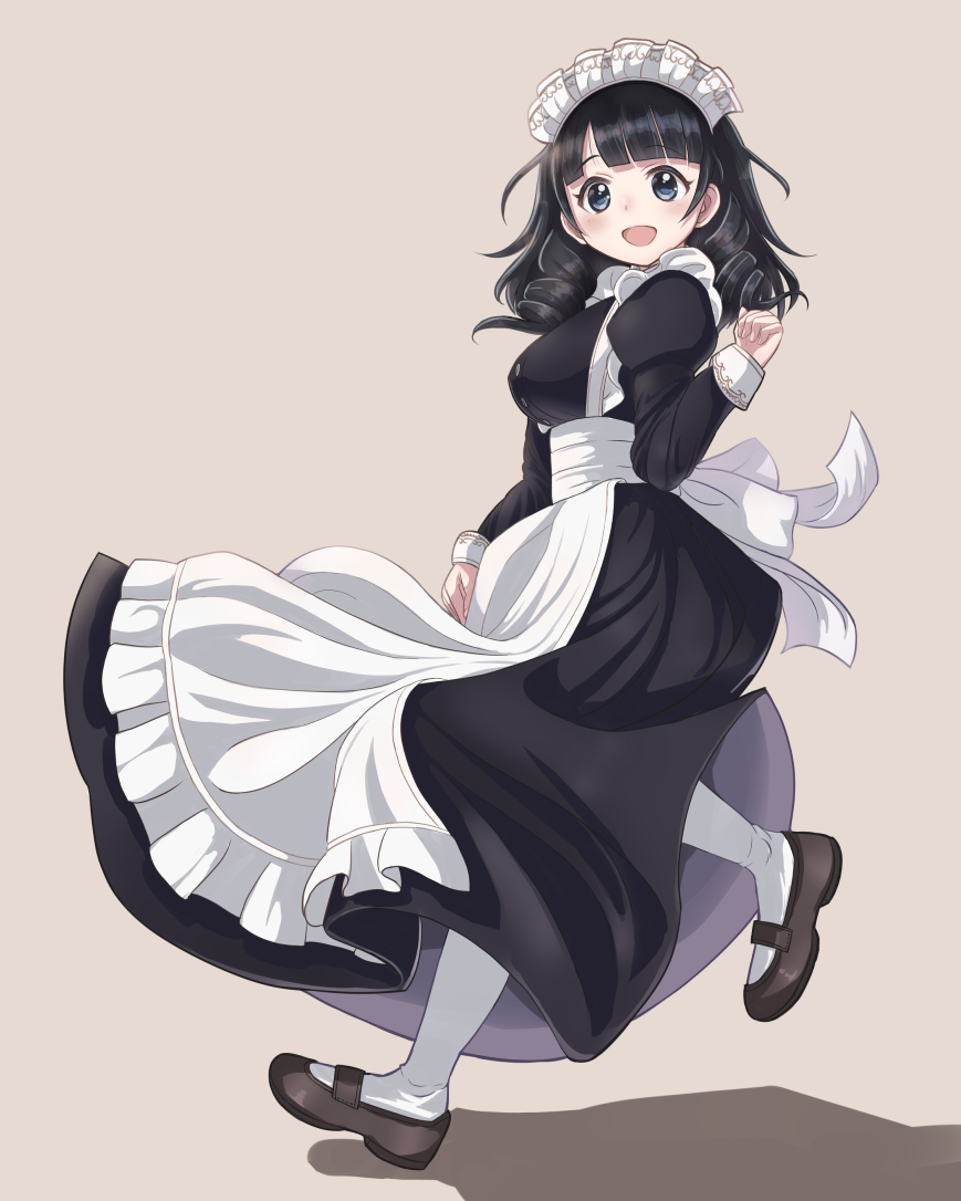 1girl :d apron black_dress black_hair breasts brown_shoes dress full_body idolmaster idolmaster_cinderella_girls long_sleeves maid_apron maid_headdress medium_breasts medium_hair open_mouth pantyhose ryokucha_no_ki shoes simple_background smile solo ujiie_mutsumi walking white_pantyhose
