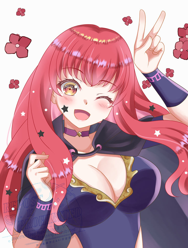 1girl ;d bodysuit breasts choker cleavage clothing_cutout facial_mark fire_emblem fire_emblem_engage hair_ornament large_breasts long_hair looking_at_viewer nintendo one_eye_closed open_mouth pink_choker purple_bodysuit red_eyes red_hair rein_rise side_cutout smile solo star_(symbol) star_facial_mark star_hair_ornament yunaka_(fire_emblem)
