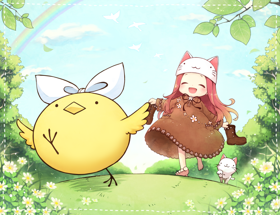 1girl animal_hat animalization barefoot bird brown_dress cat cat_hat chick child closed_eyes creator_connection daisy dress flower hat kagamine_rin megurine_luka megurine_luka_(toeto) nim nim_(sivo) open_mouth pink_hair rainbow smile songover soratobazu_(vocaloid) toeto_(vocaloid) vocaloid
