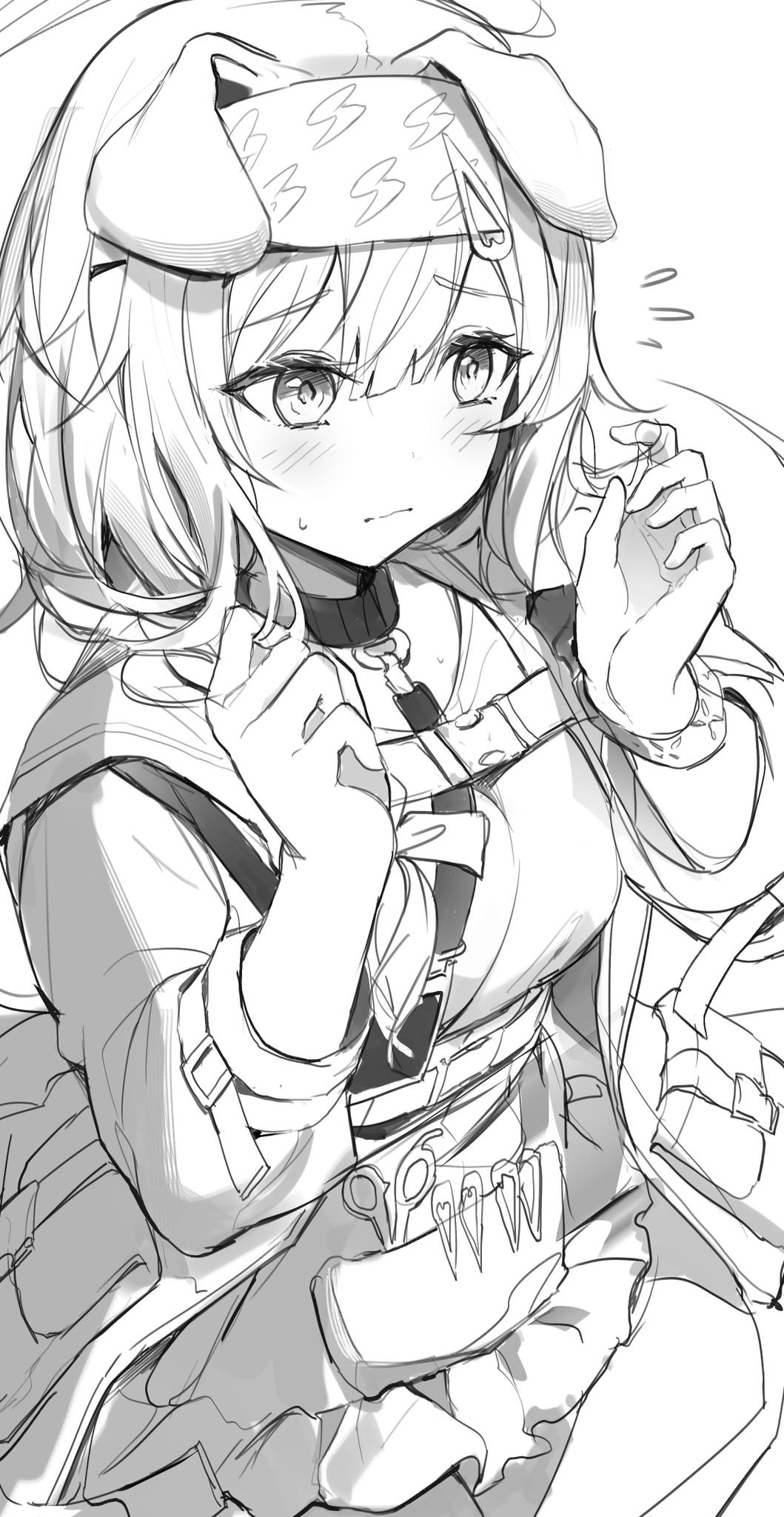 1girl animal_ears arknights blush breasts check_clothing chest_belt closed_mouth clothing_request dress droopy_ears flying_sweatdrops goldenglow_(arknights) hair_ornament hands_up headband highres jacket medium_breasts medium_hair open_clothes open_jacket re0n sketch solo