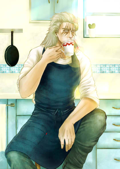 1boy apron ceramics chair cup denim drinking frying_pan hokuto_no_ken kitchen lens_flare long_hair male_focus ninnko no_pupils plant scar scar_across_eye scar_on_face shu_(hokuto_no_ken) silver_hair sitting sleeves_rolled_up solo sunlight table